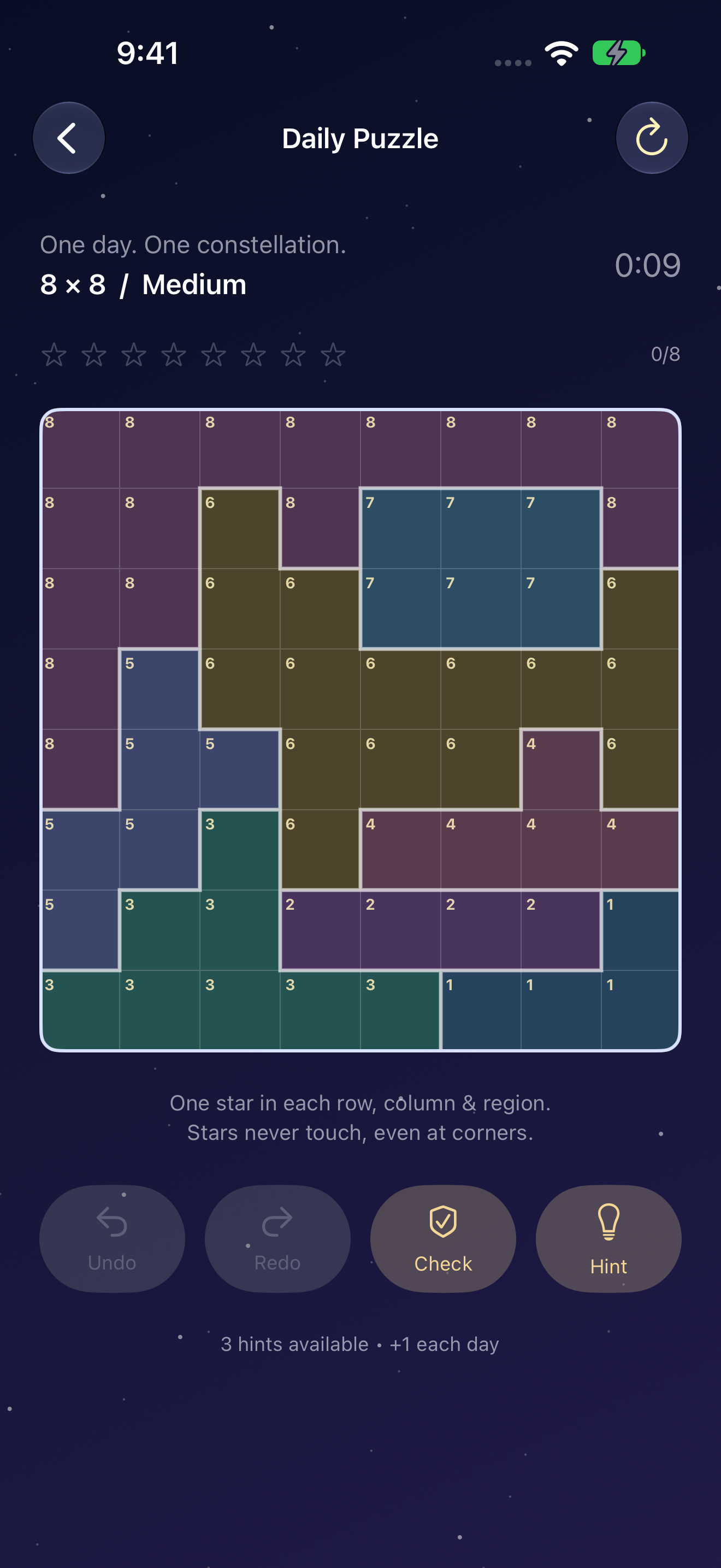 Star Grid gameplay showing a colorful star logic puzzle in the Night Sky theme